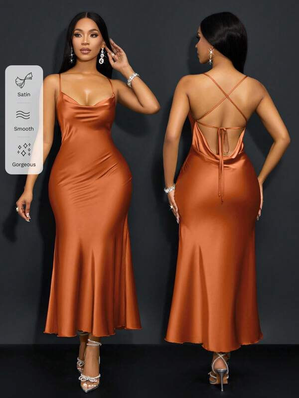 Thumbnail: Women's Rust Brown Satin Backless Cami Dress – Criss Cross Knot Detail