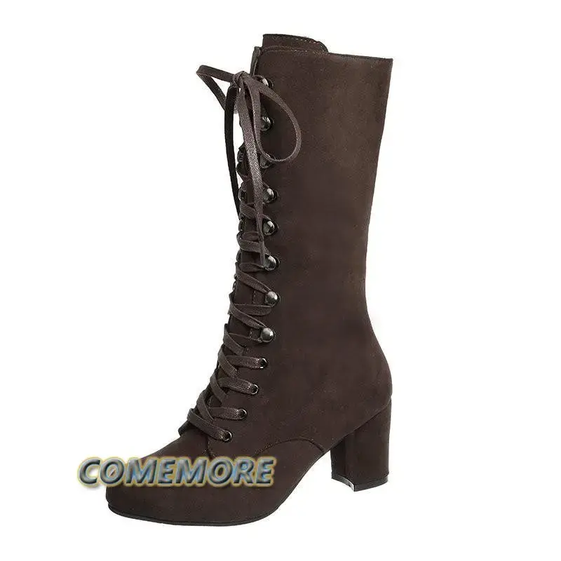 Thumbnail: Women's Suede Mid-Calf Boots – Fashionable Knee-High Boots with Middle Heels for Casual and Formal Wear