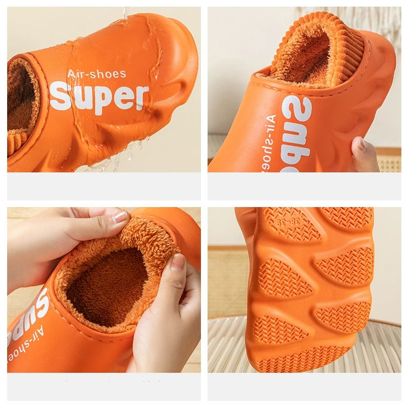Thumbnail: Winter Men Women Warm Slippers Plush Cotton Slippers Indoor Home Waterproof Non-
