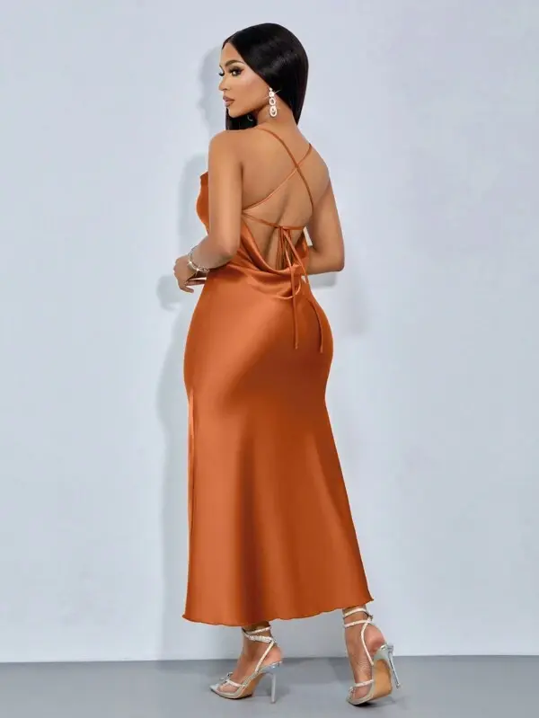 Thumbnail: Women's Rust Brown Satin Backless Cami Dress – Criss Cross Knot Detail