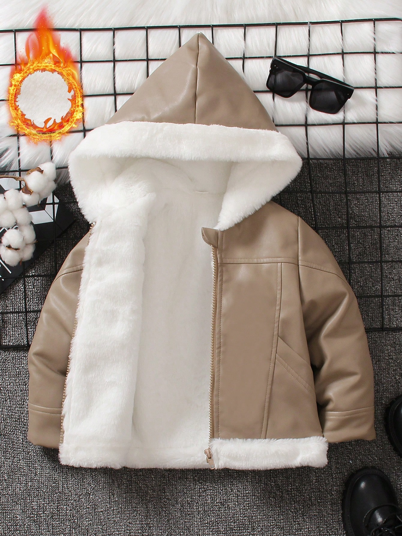 Teddy Lined Hooded PU Leather Jacket - boys & girls