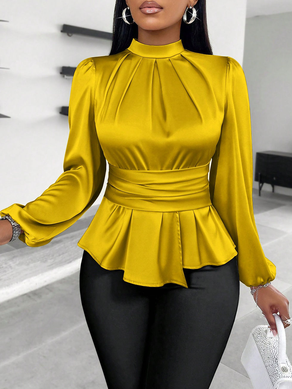 Miniatura: Elegant Blue Satin Peplum Blouse with Bishop Sleeves and Ruffle Hem