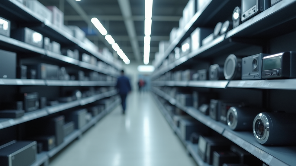 Eye-level view of electronics store shelf with various tech gadgets