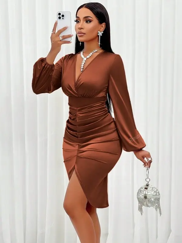 Thumbnail: Elegant Brown V-Neck Ruched Bodycon Dress with Bishop Sleeves – High Waist, Knee-Length Night Out Dress
