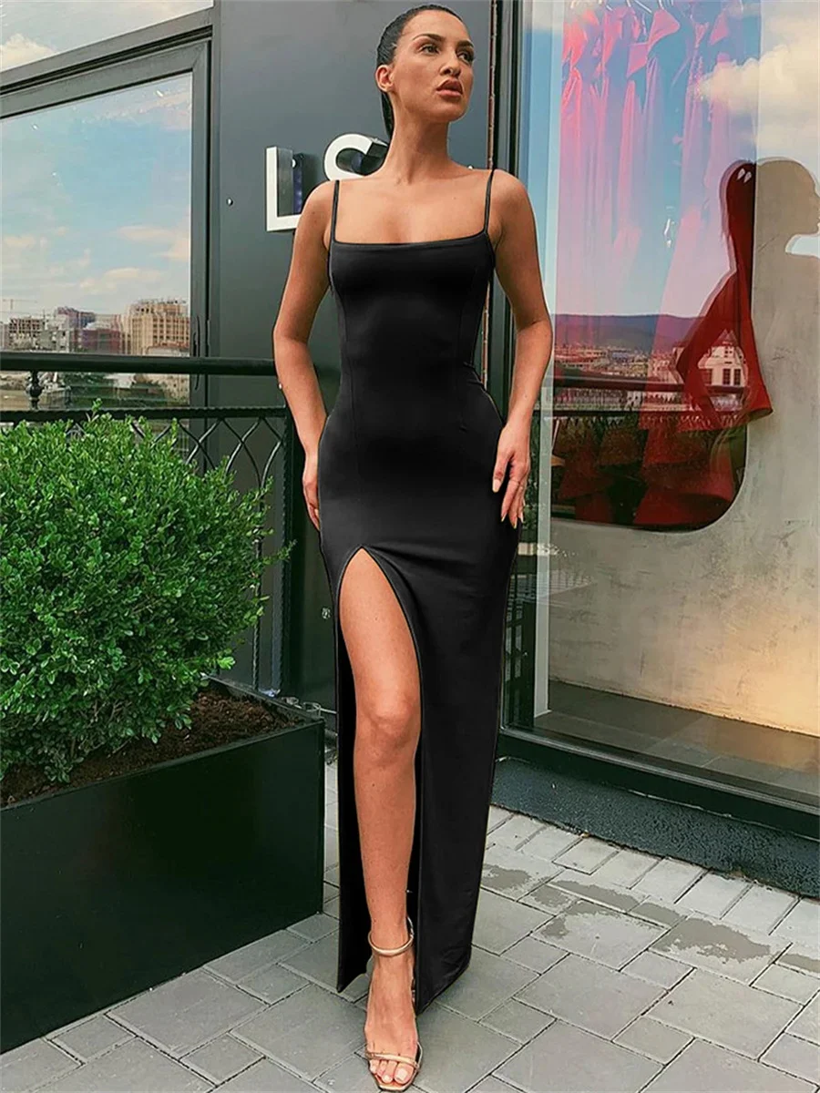 Miniatura: Women Summer Sexy Bodycon Dress Lady Sexy Spaghetti Strap Sleeve Split Solid Col