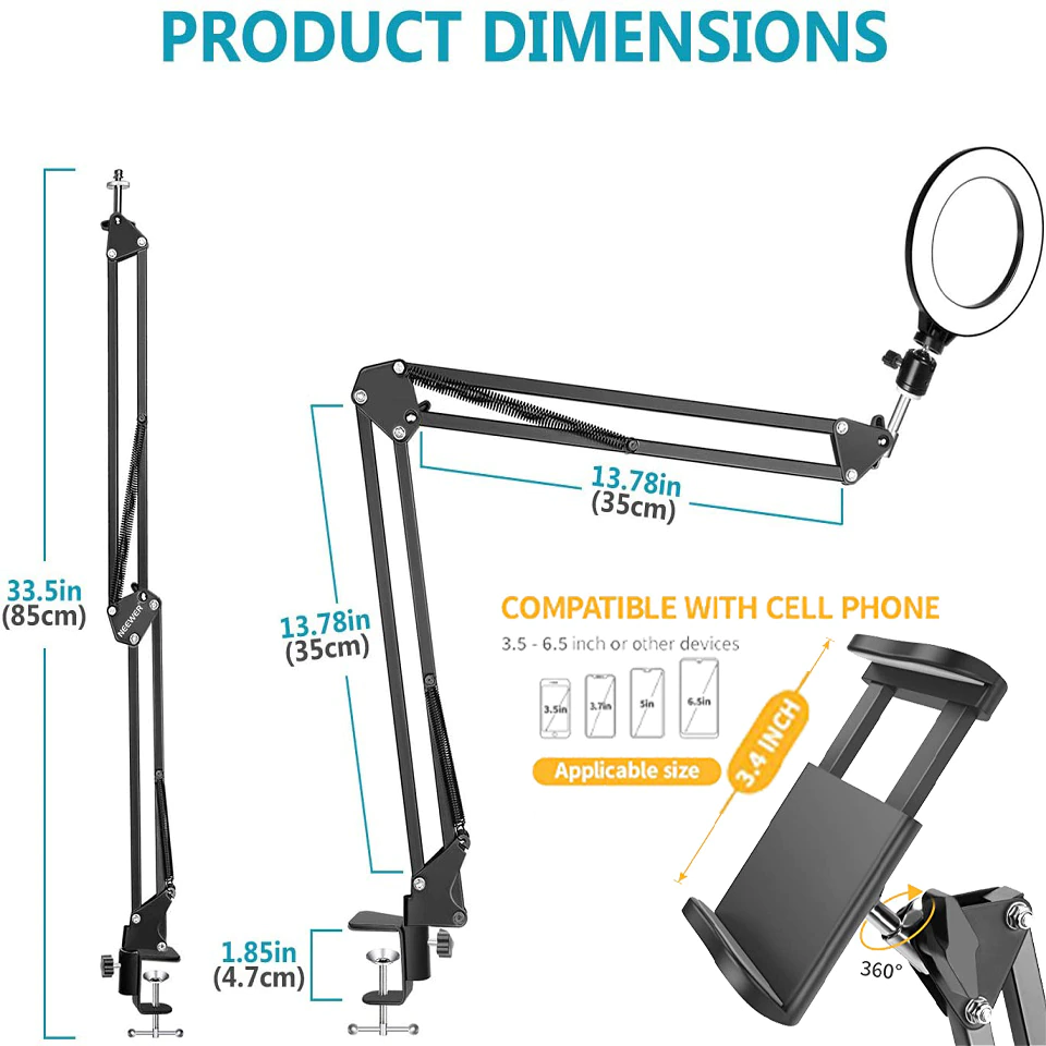 Miniatura: LED Selfie Ring Light Phone Stand with Folding Arm Circle Fill Light Dimmable Tr