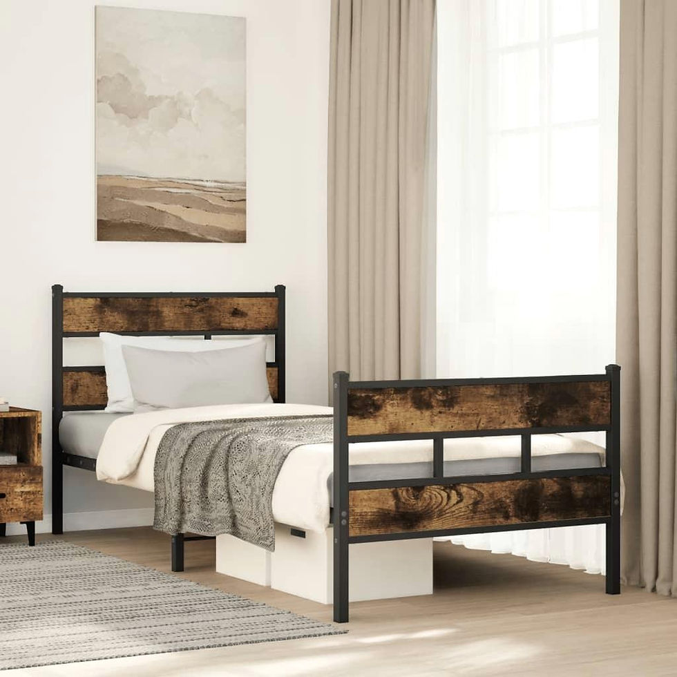 Thumbnail: Heavy-Duty Metal and Wood Single Bed Frame Sturdy Iron Structure, Modern Design