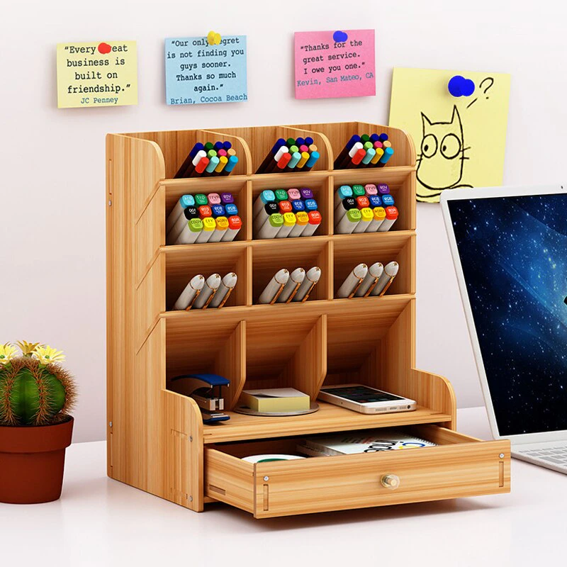 Thumbnail: 1Pc Wooden Desk Organizer Multifunctional Desktop Stationery Pen Holder Box for 
