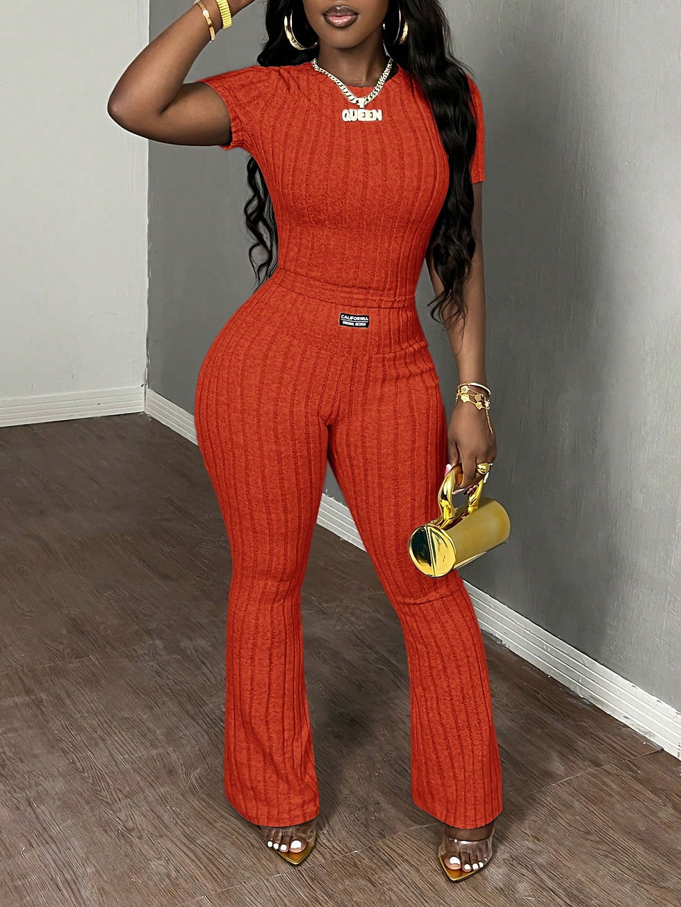 Thumbnail: Women's 2-Piece Ribbed Knit Flare Set – Short Sleeve Top & High-Waisted