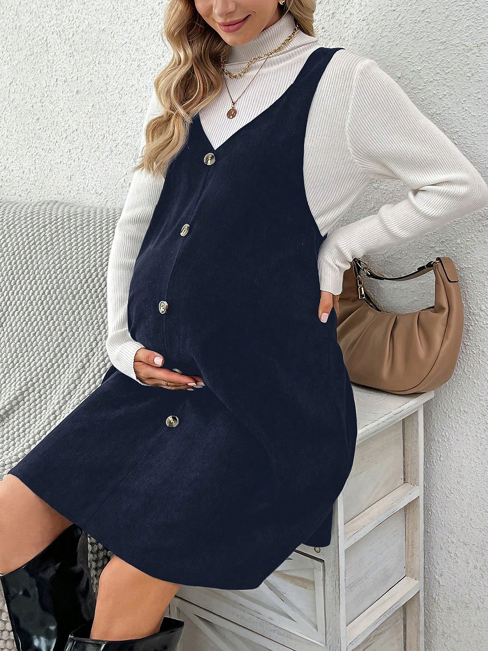 Miniatura: SHEIN Maternity Button Front Corduroy Overall Dress Without Sweater, For Winter