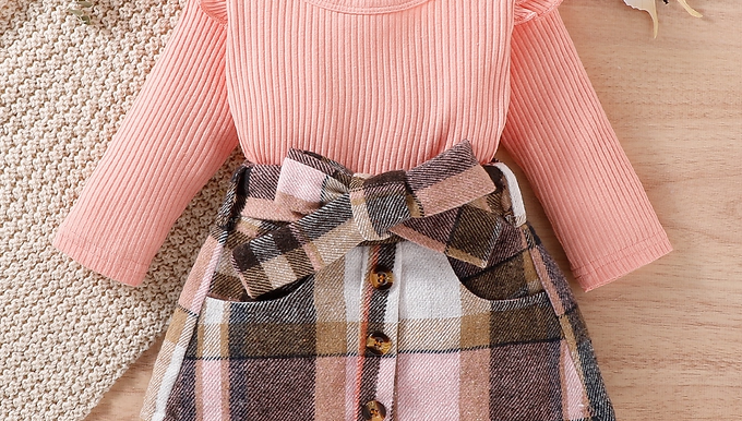 Baby Ruffle Trim Tee & Plaid Fake Button Belted Skirt