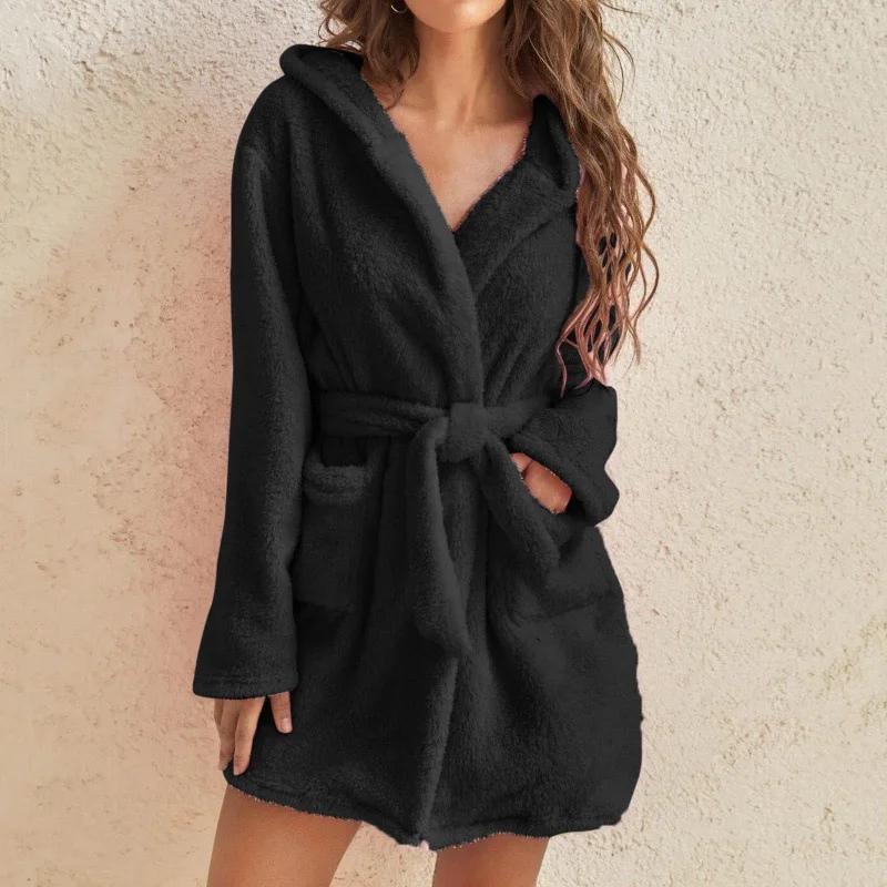 Miniatura: Womens Short Plush Fleece Bath Robe With Long Sleeves Fluffy Spa Robe
