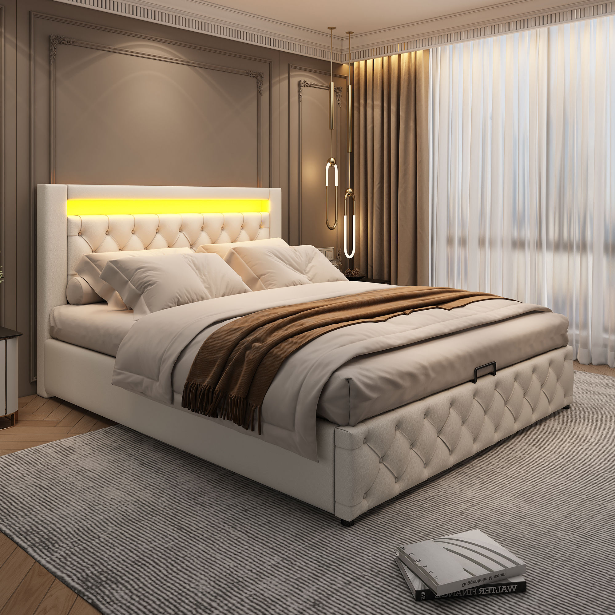 Elegant Modern Bed with LED Headboard – Luxurious Upholstered Design