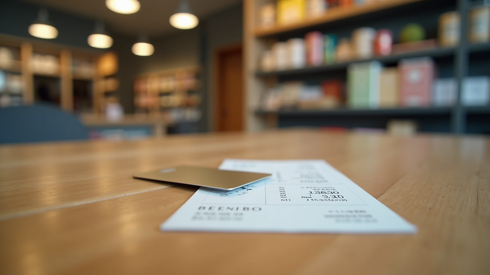 Eye-level view of a loyalty card and shopping receipt on a wooden table
