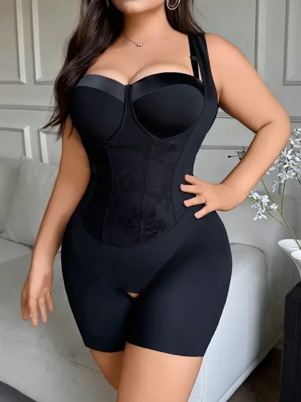 Miniatura: Black Contrast Lace Bodysuit – Medium Support Shapewear for Tummy, Thighs, Waist