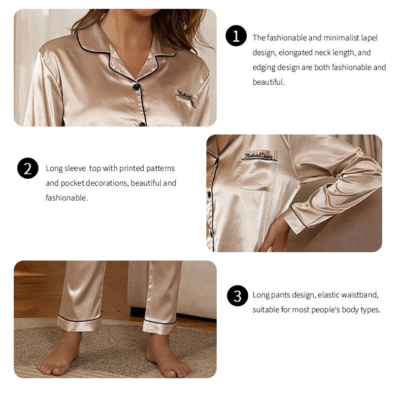 Thumbnail: Women's Satin Casual Pajama Set – Long Sleeve Button-Up Lapel Top & Pants Sleepw
