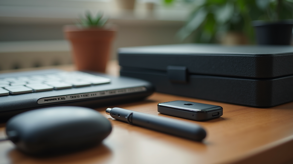 Close-up view of a variety of tech accessories on a wooden table
