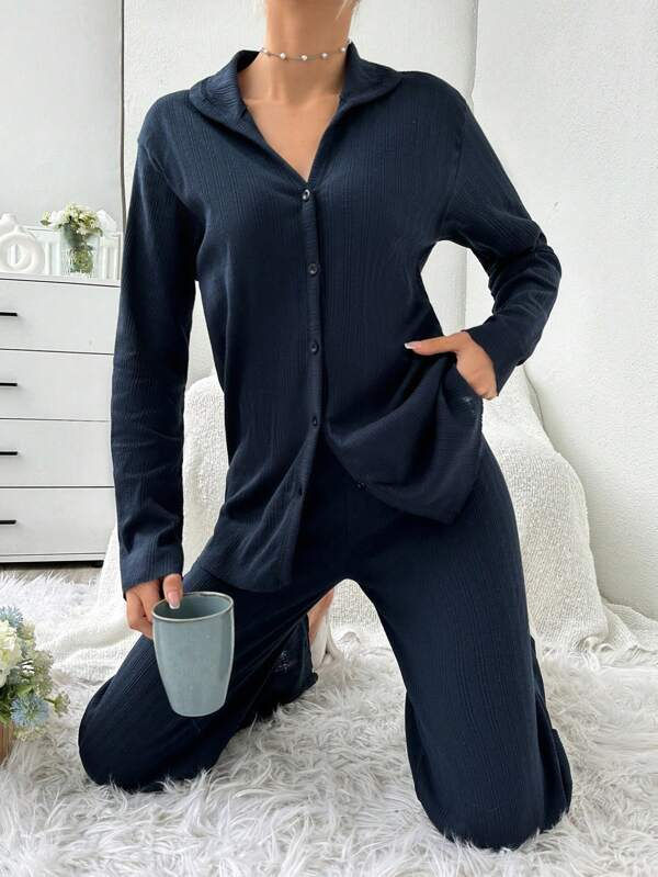 Thumbnail: Cottnline 100%Cotton Shirt Style Buttoned Striped Dark Blue 2-Piece Pajama Set