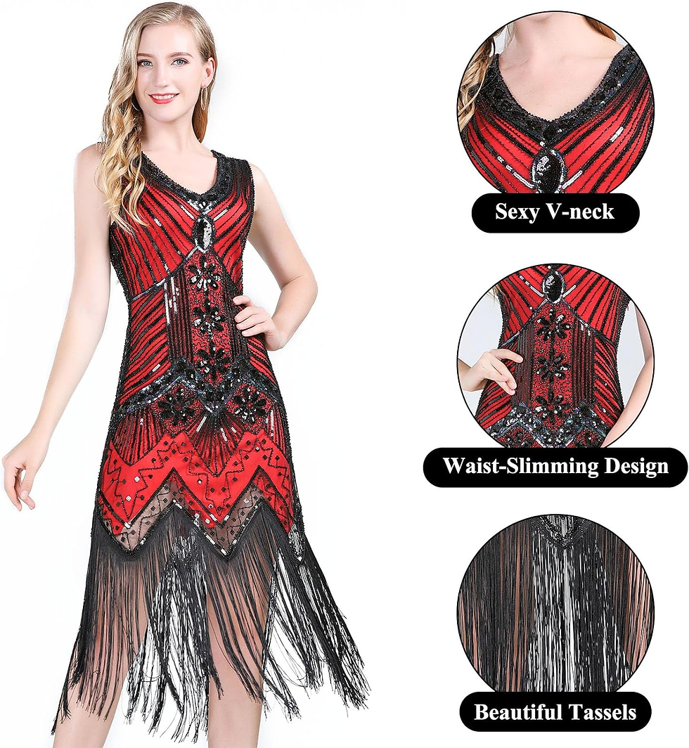 Thumbnail: 1920's V Neck Sequin Beaded Dress with Accessories Set.