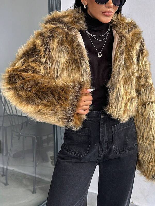 Miniatura: Casual Single-Breasted Fuzzy Crop Jacket – Brown Drop-Shoulder Winter Coat