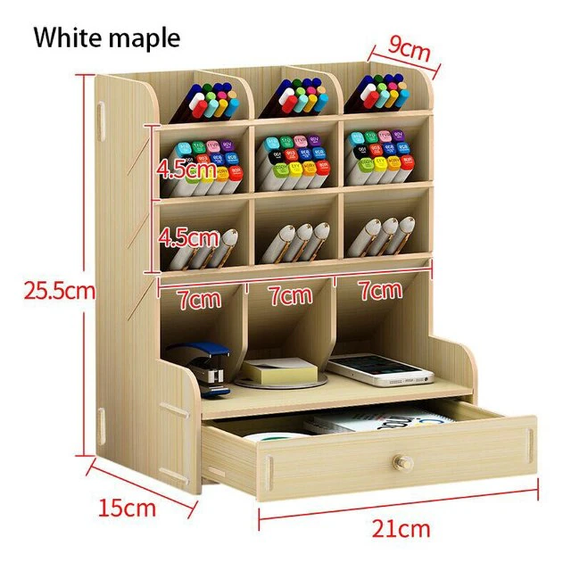 Thumbnail: 1Pc Wooden Desk Organizer Multifunctional Desktop Stationery Pen Holder Box for 