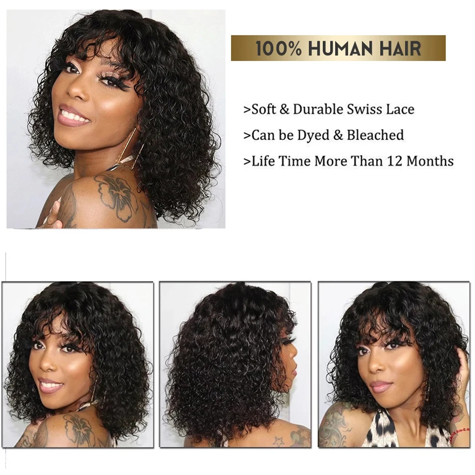 Miniature : Curly Human Hair Wig for Women Bob Curly Wig with Bangs