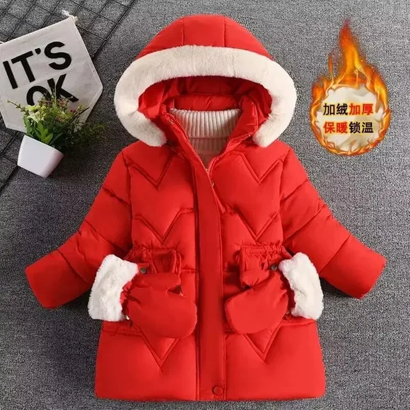 Miniatura: 2-8 Years Warm Winter Girls Jacket Fur Collar Removable Hat Plush Lining Heavy H