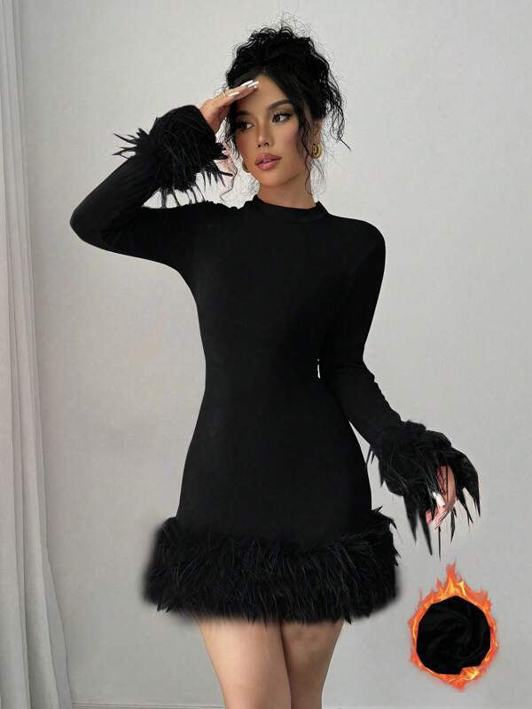 Thumbnail: Raffinéa Women Crew Neck Long Sleeve Fuzzy Patchwork Casual Mini Sweater D