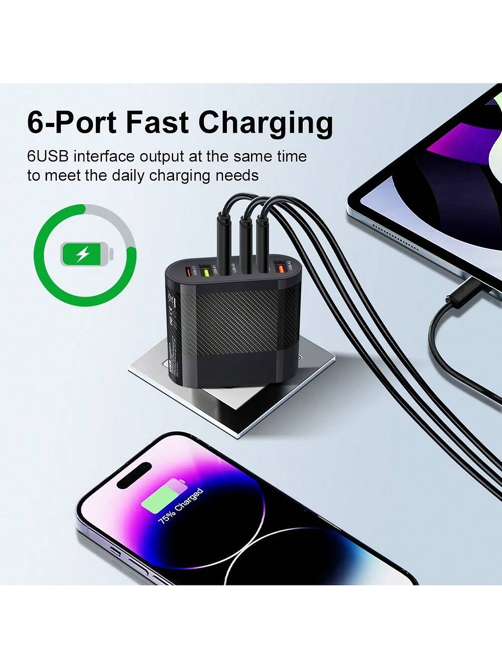 Thumbnail: 1 PC White EU Plug Charger 65W PD USB Charger 6 Ports USB Type C Charger Quick C