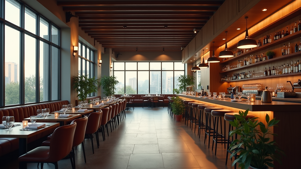 Wide angle view of a hotel restaurant with a business-friendly atmosphere