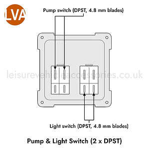 Rear wiring diagram of the CBE 270482 pump and light switch showing the pump switch and light switch, each a double-pole single-throw (DPST) rocker with four 4.8 mm blade terminals