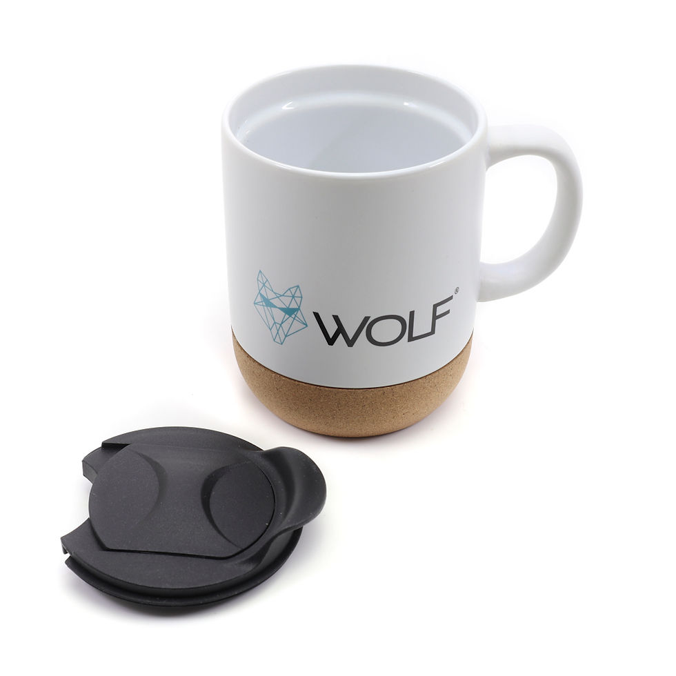 Thumbnail: Wolf Ceramic Mug White w/ Lid  and Cork Base for Camping Campervan Fishing