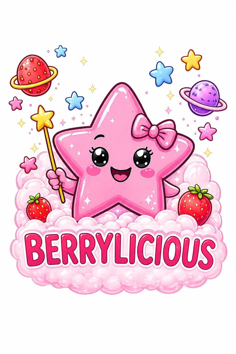 Berrylicious pink star character with strawberries and planets