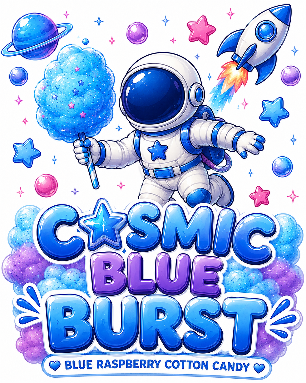 Cosmic Blue Burst blue raspberry cotton candy with astronaut