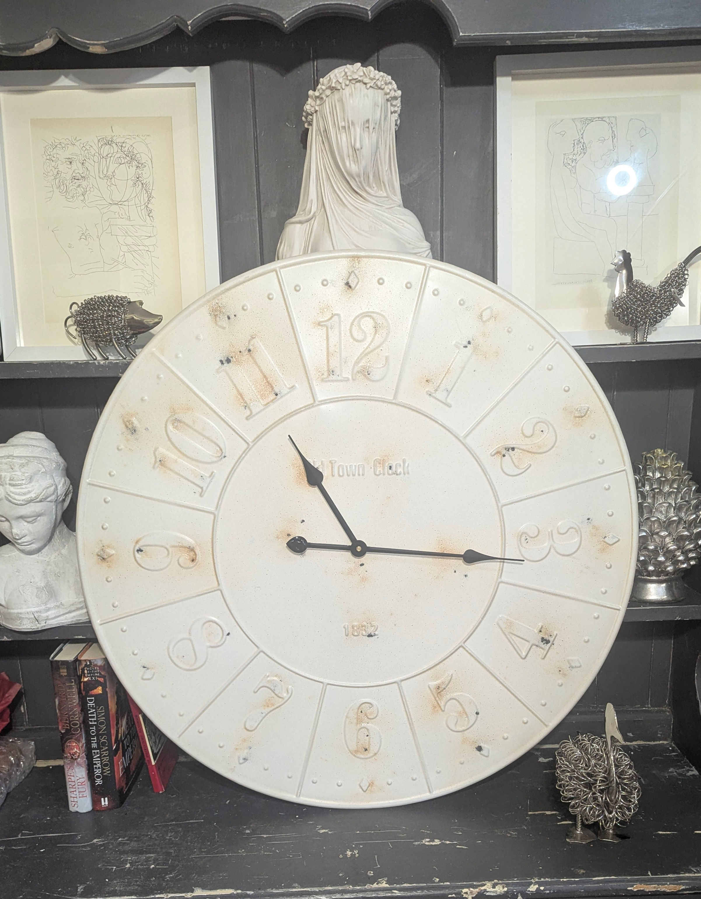 Large Antiqued White Wall Clock
