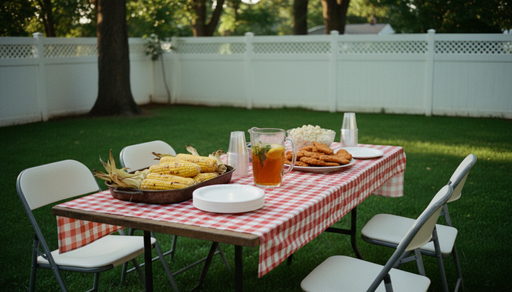 Eye-level view of a family backyard table set for a summer meal.
