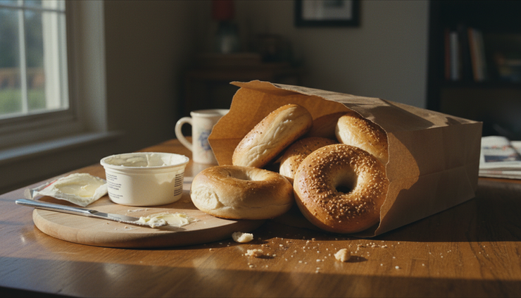 Close-up of fresh bagels in a paper bag on a kitchen table.