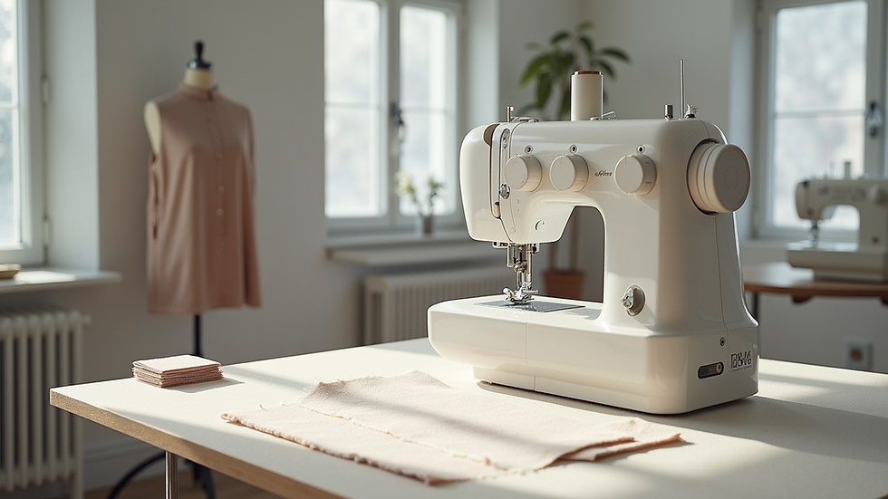 Close-up view of a minimalist fashion studio with sewing machines and fabric rolls