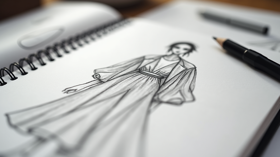 Close-up view of a fashion sketchbook with pencil drawings of clothing designs