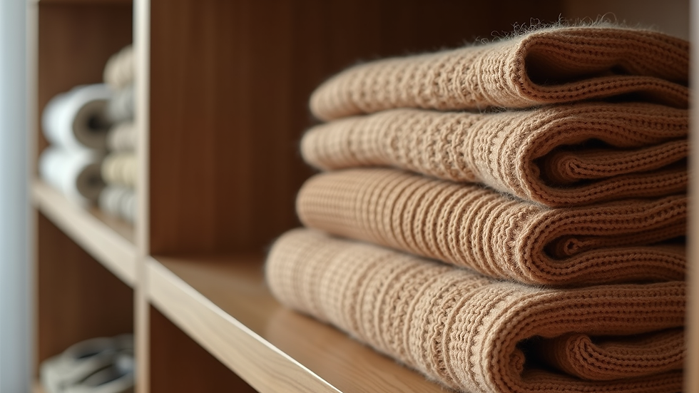 Close-up of folded earth-tone sweaters on wooden shelf