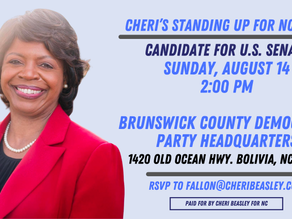 Cheri Beasley in Brunswick County on Sunday, August 14, 2:00 PM!