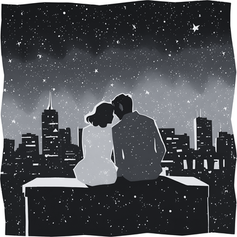 夜の街を寄り添いながら眺める男女