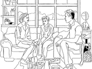 A quiet scene in which family members face one another.