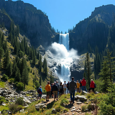 in a beautiful mountains with a big group watching a waterfall.jpg