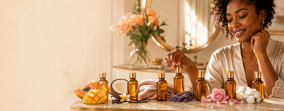 Woman choosing scented body oil displayed with mango, papaya, coconut, lavender, roses, and other fragrance inspirations.