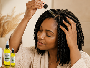 Woman with natural hair wearing a protective style and caring for her scalp.