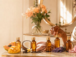 Woman choosing scented body oil displayed with mango, papaya, coconut, lavender, roses, and other fragrance inspirations.