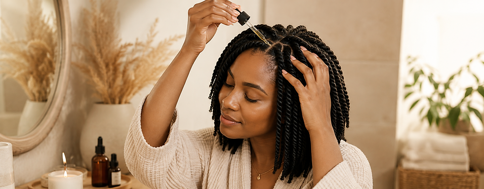 A woman with natural hair wearing a protective style and caring for her scalp.