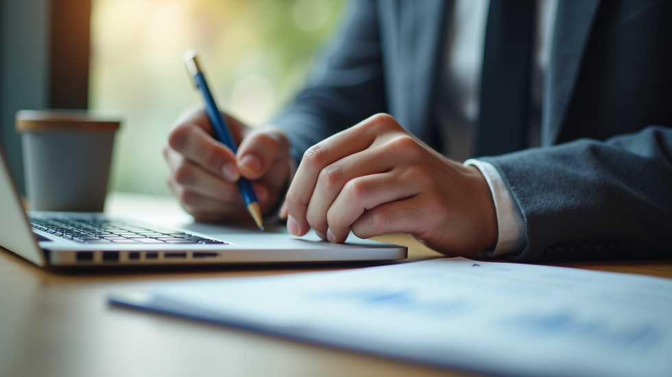 Close-up view of a professional taking notes during an online sales training session