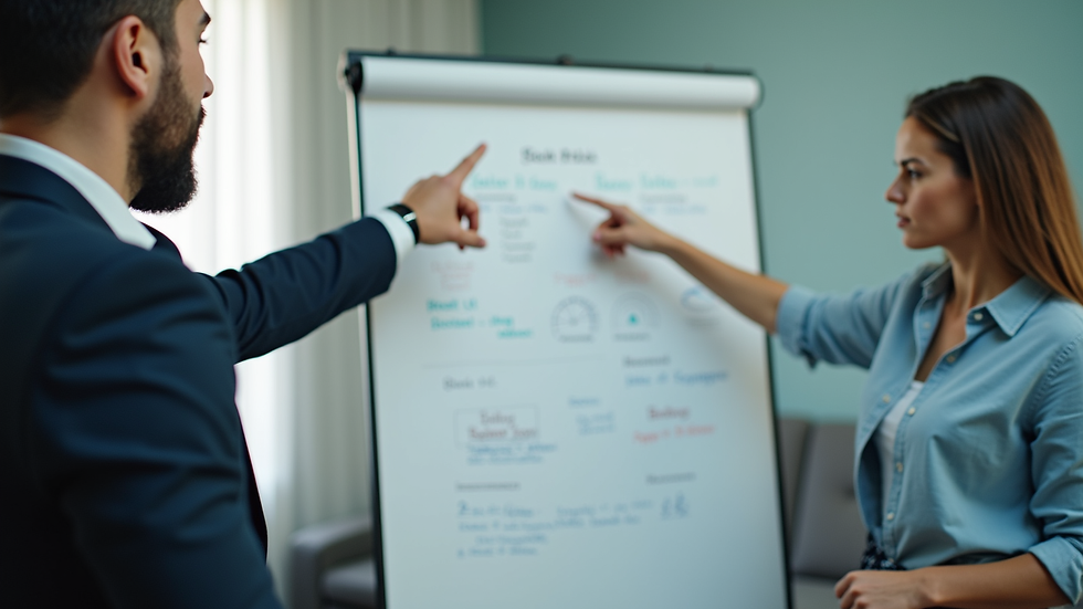 Close-up view of a trainer pointing at a flip chart during a workshop